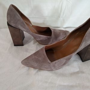 Halston Heritage Taupe Suede Pointed Block Heel Pumps